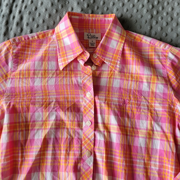 Lilly Pulitzer Early 2000's Pink, Orange, and Yellow Plaid Button Down S - Picture 4 of 7